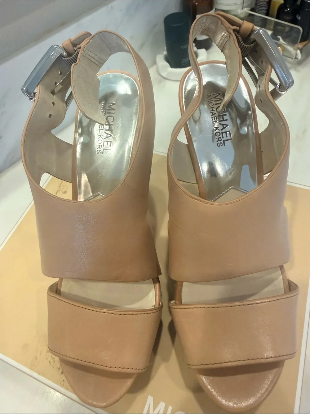Michael Kors Carla platform Taupe Leather Platform Peeptoe Heels